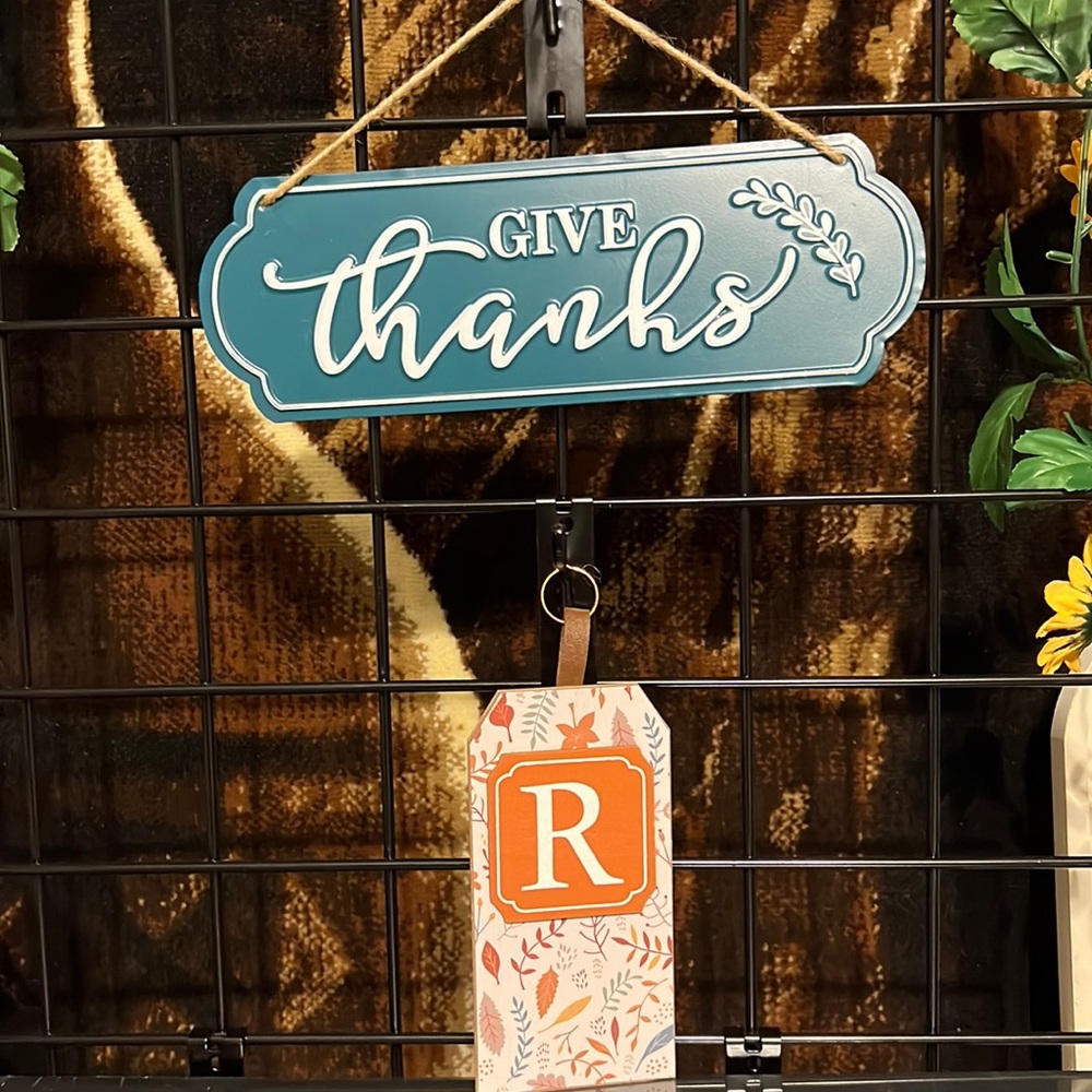 New Harvest Floral Letter “R” Monogram Wall Decor & “Give Thanks” Metal Plaque